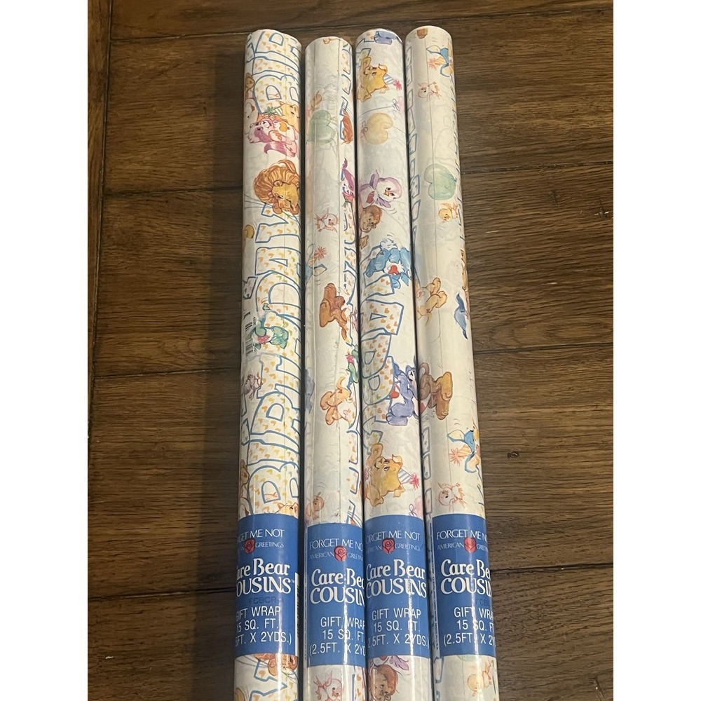Vintage Care Bears Cousins Birthday Gift Wrap 15 SQ Feet Per Roll New 4 Rolls